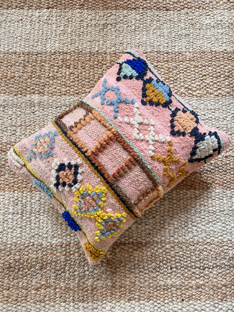 Flatweave pillow natural wool pink with colorful geometry 40 x 50 cm - Reversible / Double-sided