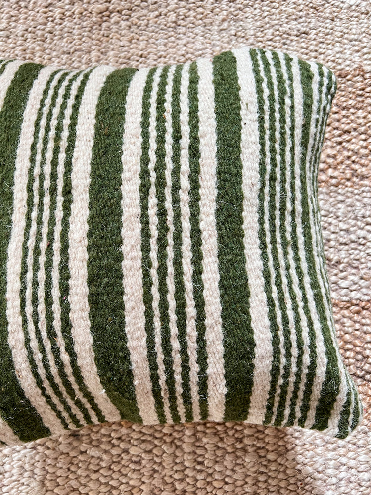 Flatweave Berber pillow - natural wool forest green stripes 45 x 45cm
