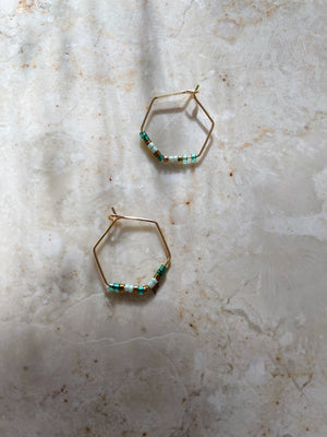 Hexagon minimal pearl hoops - green mint brown