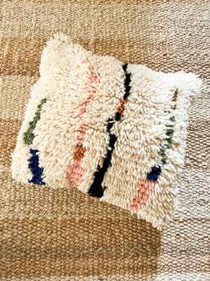 Saeeda Azilal berber pillow - Natural wool and colorful lines - 45 x 45cm