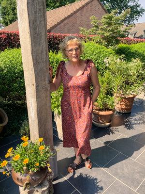 Dress with shoulder straps - Flowered reddish brown