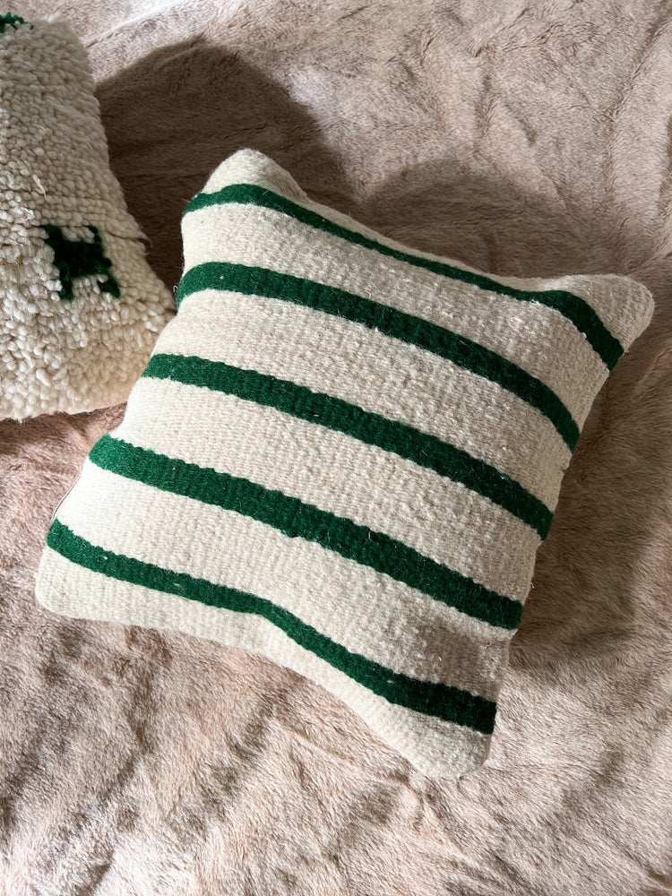 Flatweave Berber pillow - natural wool emerald green stripes 45 x 45cm