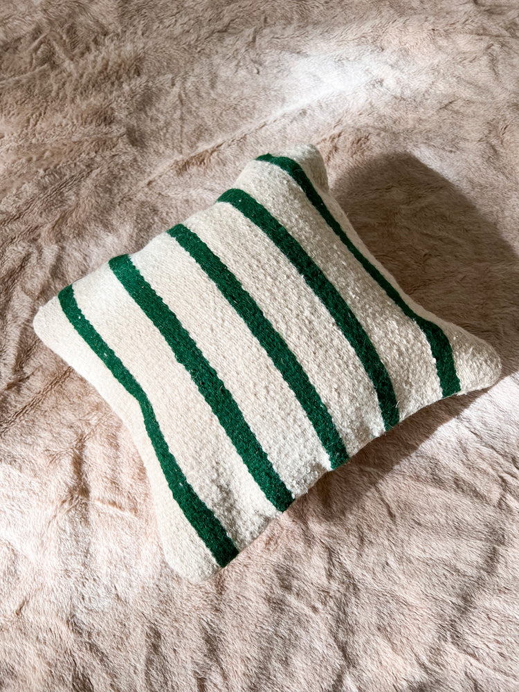 Flatweave Berber pillow - natural wool emerald green stripes 45 x 45cm