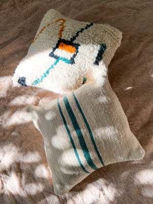 Flatweave Berber pillow - natural wool blue-green stripes 45 x 45cm