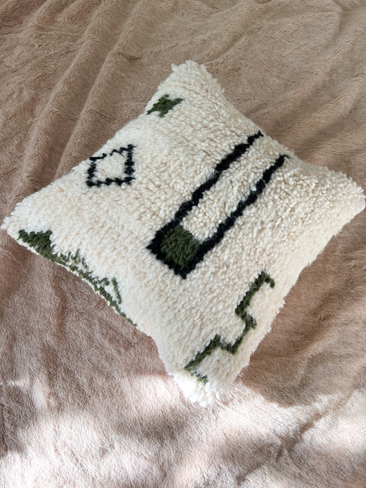 Azilal berber pillow - Natural wool forest green and black - 45 x 45 cm