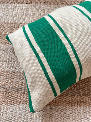 Flatweave Berber pillow - natural wool emerald green stripes 40 x 45cm