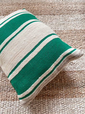 Flatweave Berber pillow - natural wool emerald green stripes 40 x 45cm