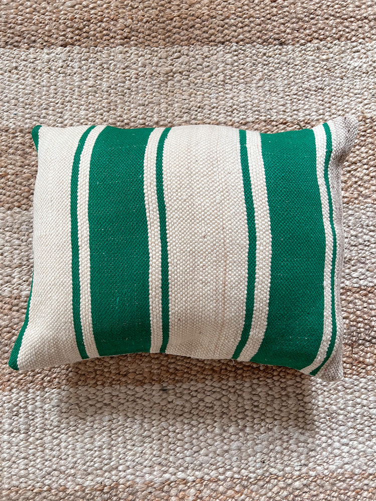 Flatweave Berber pillow - natural wool emerald green stripes 40 x 45cm