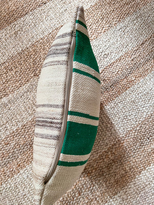 Flatweave Berber pillow - natural wool emerald green stripes 40 x 45cm