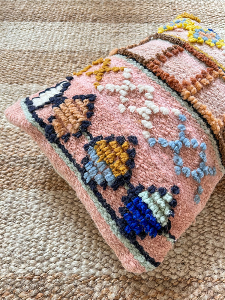 Flatweave pillow natural wool pink with colorful geometry 40 x 50 cm - Reversible / Double-sided