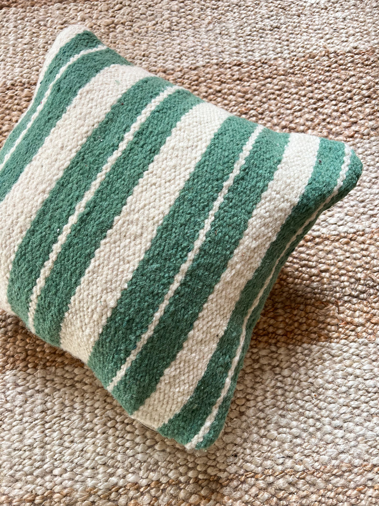 Flatweave Berber pillow - natural wool ocean green stripes 45 x 45cm