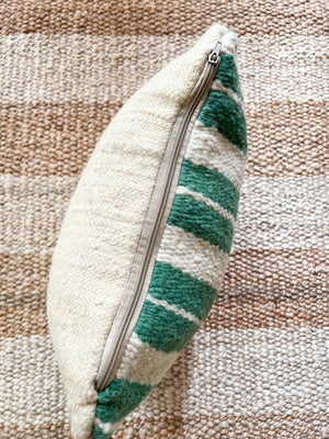 Flatweave Berber pillow - natural wool ocean green stripes 45 x 45cm