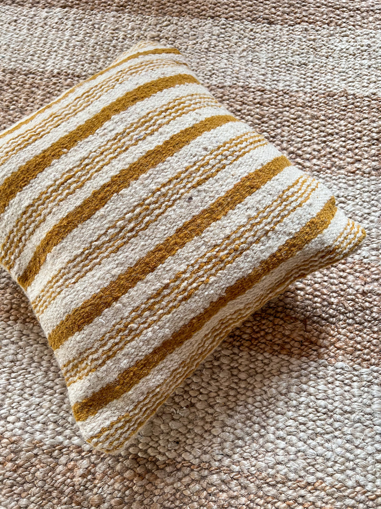 Flatweave Berber pillow - natural wool honey yellow stripes 45 x 45cm