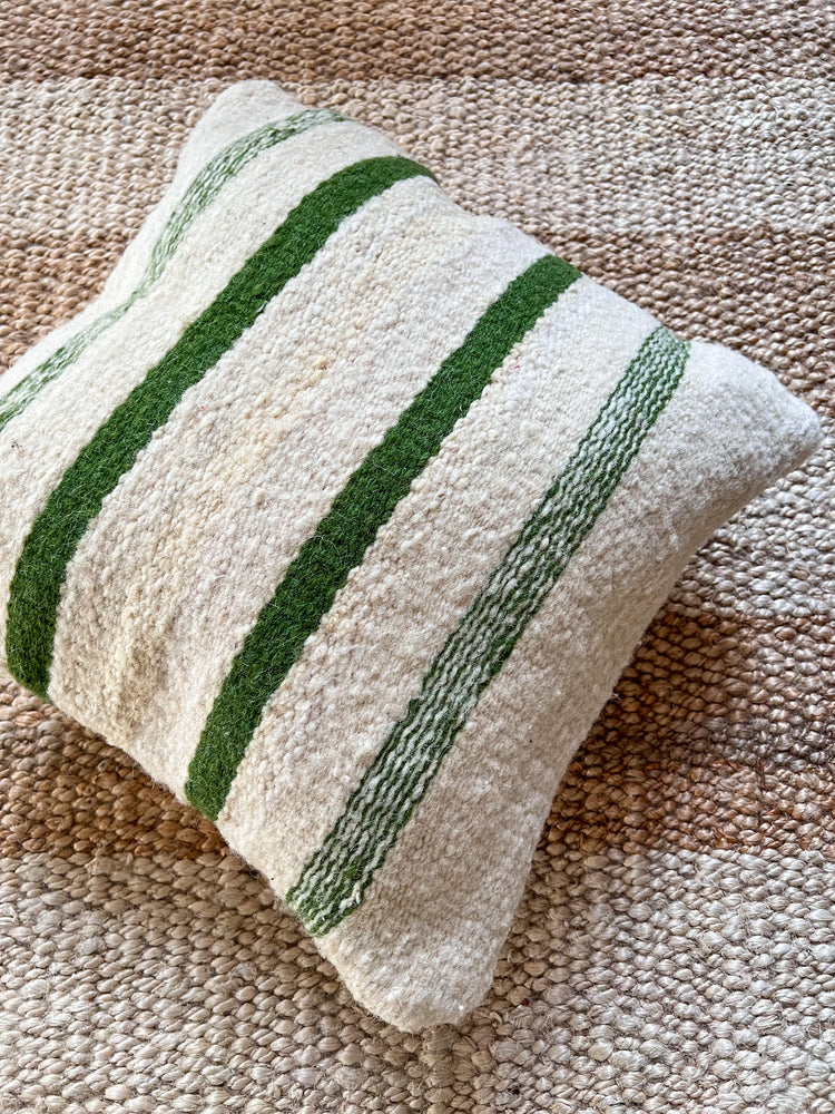 Flatweave Berber pillow - natural wool olive green stripes 45 x 45cm