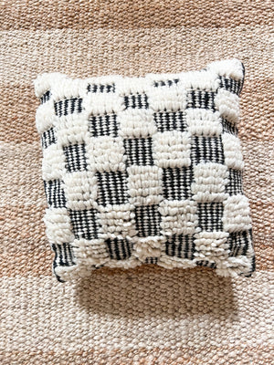 Azilal berber pillow - natural wool and black embroidery - 45 x 45 cm