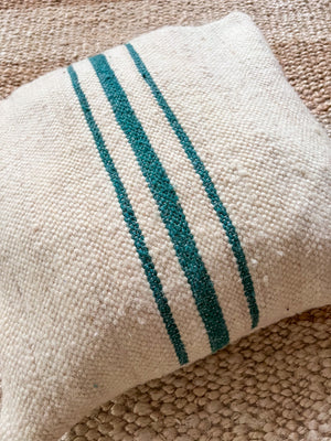 Flatweave Berber pillow - natural wool blue-green stripes 45 x 45cm