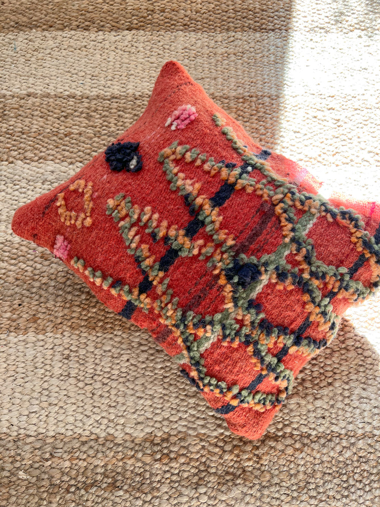 Flatweave pillow natural wool red with colorful geometry 40 x 45 cm - Reversible / Double-sided
