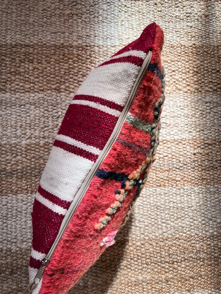 Flatweave pillow natural wool red with colorful geometry 40 x 45 cm - Reversible / Double-sided