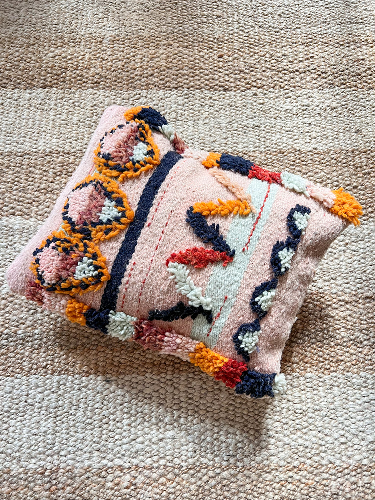 Flatweave pillow natural wool pink with colorful geometry 40 x 45 cm