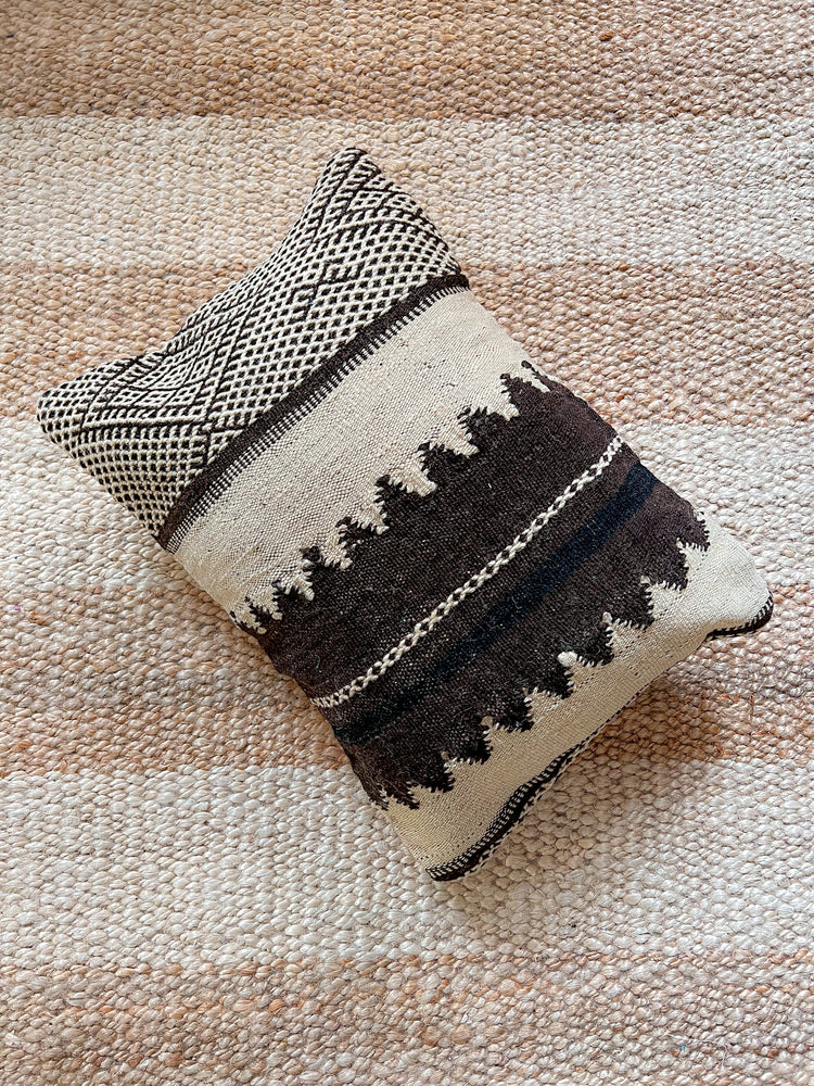 Flatweave pillow black dark brown and sandy beige - 35 x 50 cm