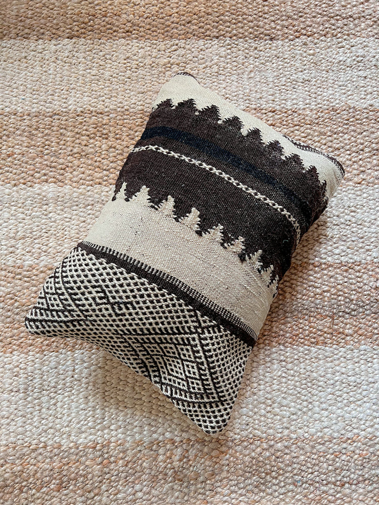 Flatweave pillow black dark brown and sandy beige - 35 x 50 cm