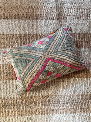 Omar flatweave pillow with embroidery 60x40cm- Double sided/reversible - mint pink sandy beige