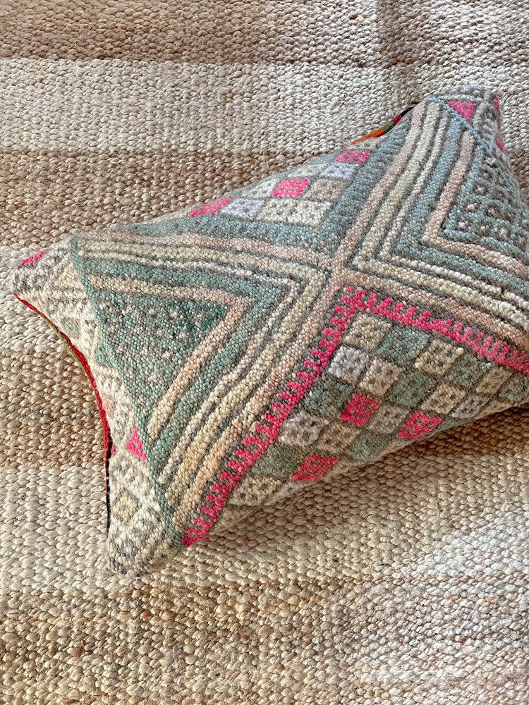 Omar flatweave pillow with embroidery 60x40cm- Double sided/reversible - mint pink sandy beige