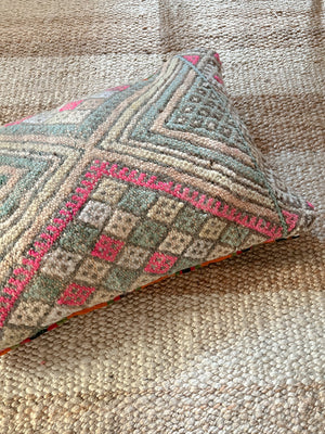 Omar flatweave pillow with embroidery 60x40cm- Double sided/reversible - mint pink sandy beige