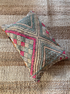 Omar flatweave pillow with embroidery 60x40cm- Double sided/reversible - mint pink sandy beige