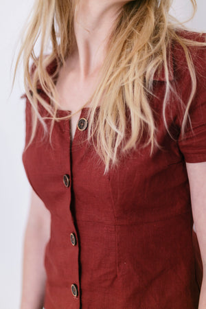 OSTUNI DRESS (maroon linen & wooden buttons)